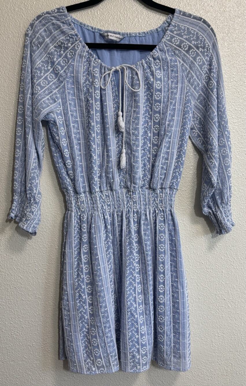 Embroidered Mini Dress Peasant Cottage Boho Resort Festival Vacation Blue Size S
